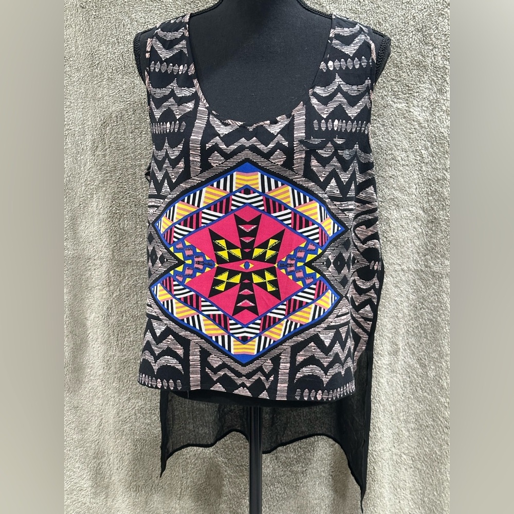 Xhilaration Black Tank Top with Vibrant Geometric Design